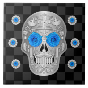 Chrome Calavera (Blue Rose) Ceramic Tile