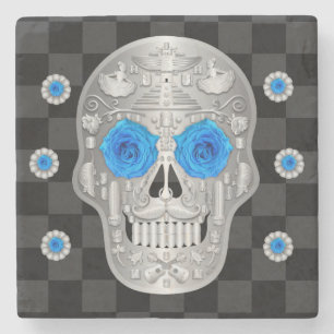Chrome Calavera (Blue Rose) Stone Coaster