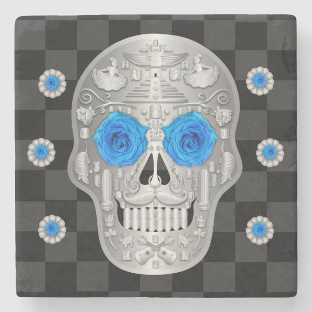 Chrome Calavera (Blue Rose) Stone Coaster (Front)