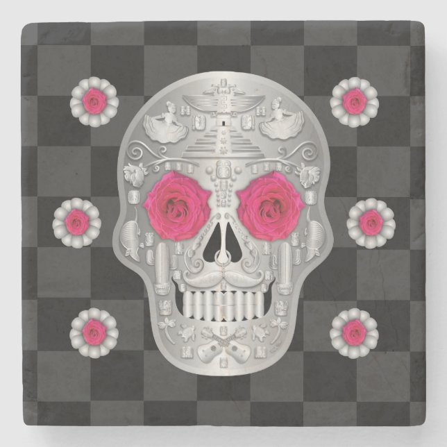 Chrome Calavera (Pink Rose) Stone Coaster (Front)
