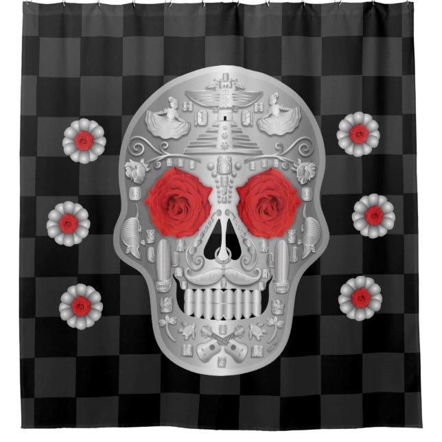 Chrome Calavera (Red Rose) Shower Curtain (Front)
