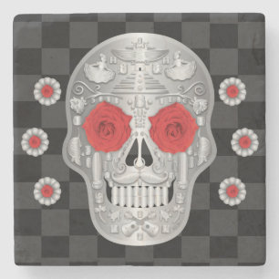 Chrome Calavera (Red Rose) Stone Coaster