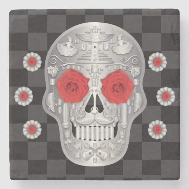Chrome Calavera (Red Rose) Stone Coaster (Front)