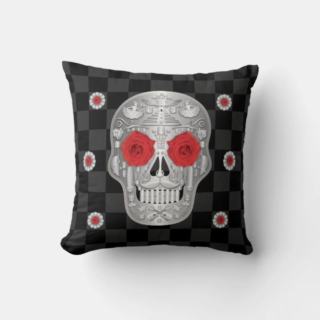 Chrome Calavera (Red Rose) Throw Pillow (Front)