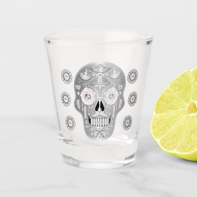 Chrome Calavera (White Rose) Shot Glass (Front)