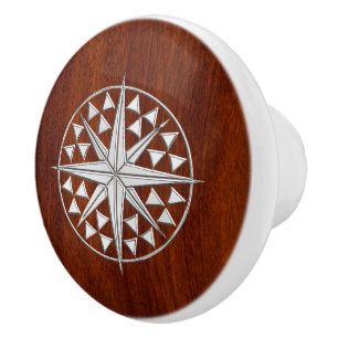 Chrome Compass on Nautical Mahogany Grain Print Ceramic Knob