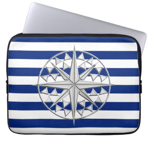 Chrome Compass on Nautical Stripes Laptop Sleeve