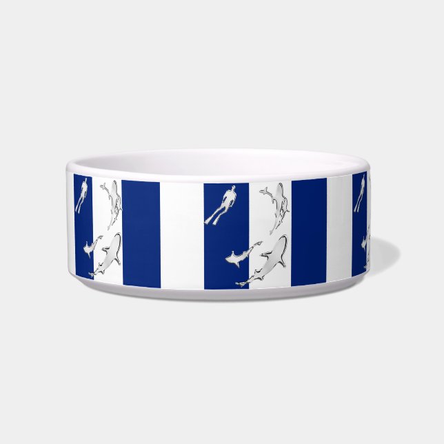 Chrome Diver and Sharks Silhouettes on Stripes Bowl (Left)