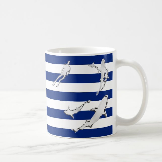 Chrome Diver and Sharks Silhouettes on Stripes Coffee Mug (Right)