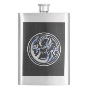 Chrome Dragon Crest black Carbon Fibre Print Hip Flask