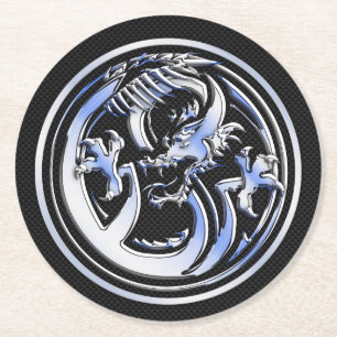 Chrome Dragon Crest dark Carbon Fibre Print Round Paper Coaster