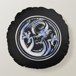 Chrome Dragon Crest dark Carbon Fibre Print Round Pillow