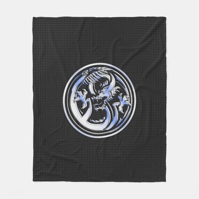 Chrome Dragon Crest in Carbon Fibre Print Fleece Blanket (Front)
