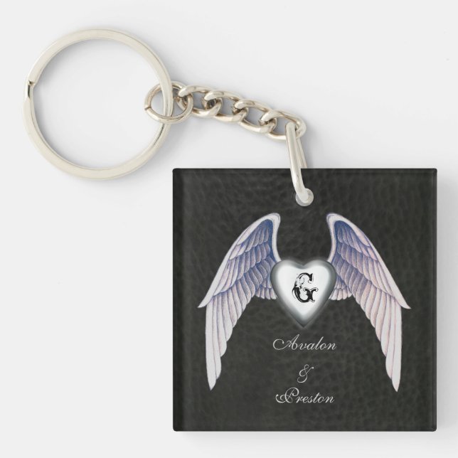 Chrome & Faux Cuir aile coeur Keychain (Devant)