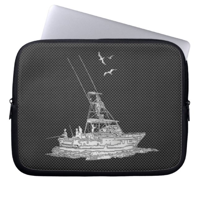 Chrome Fishing Boat on Carbon Fiber Decor Laptop Sleeve (Front)