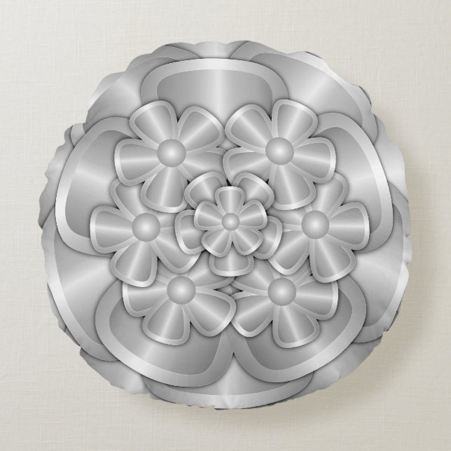 Chrome Flowers - Silver Round Pillow (Front)