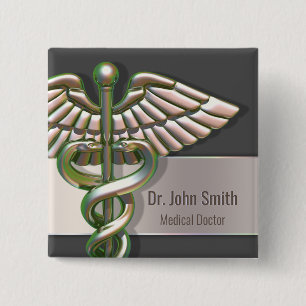 Chrome Holographic 3D Medical Caduceus 2 Inch Square Button