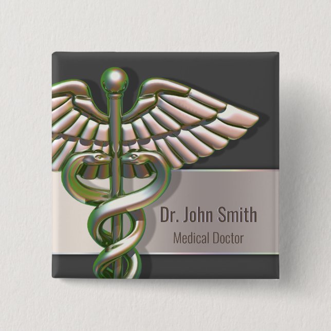 Chrome Holographic 3D Medical Caduceus 2 Inch Square Button (Front)