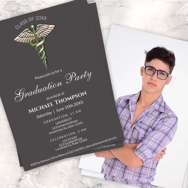 Chrome Holographic Caduceus Graduation | Photo Invitation (Creator Uploaded)