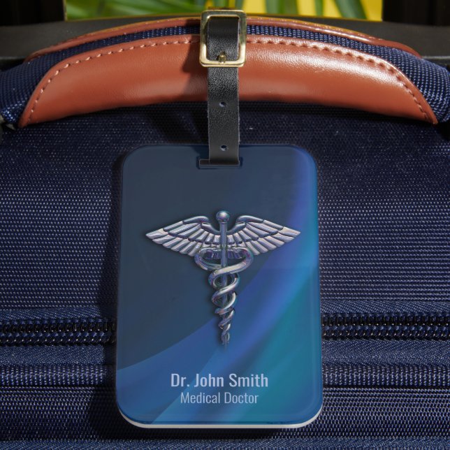 Chrome Holographic Dark 3D Medical Caduceus Luggage Tag (Front Insitu 2)