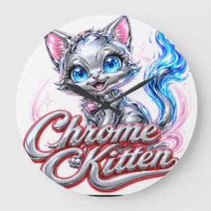 Chrome Kitten Wall Clock-Acrylic Large Clock