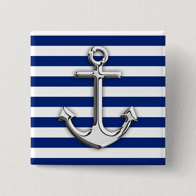 Chrome Like Anchor Design on Navy Stripes 2 Inch Square Button (Front)