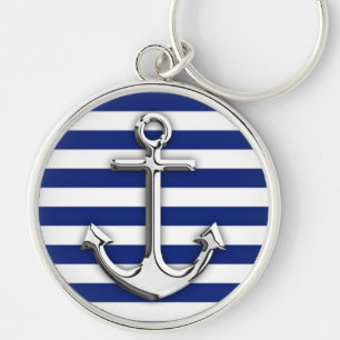 Chrome Like Anchor Design on Navy Stripes Keychain