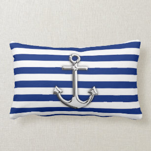Chrome Like Anchor Design on Navy Stripes Lumbar Pillow