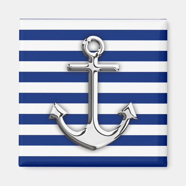 Chrome Like Anchor Design on Navy Stripes Magnet (Front)