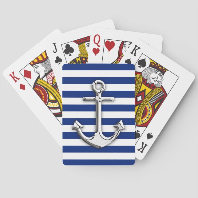 Chrome Like Anchor Design on Navy Stripes Playing Cards (Back)