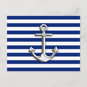 Chrome Like Anchor Design on Navy Stripes Postcard