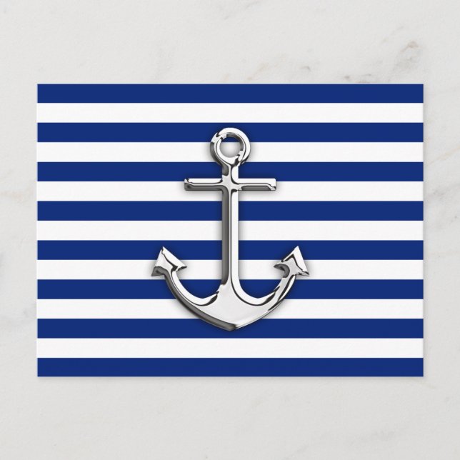 Chrome Like Anchor Design on Navy Stripes Postcard (Front)