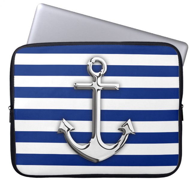 Chrome Like Anchor Graphic on Navy Stripes Laptop Sleeve (Front)