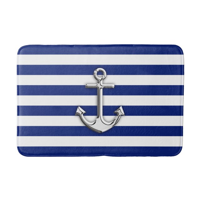 Chrome Like Anchor Nautical Navy Blue Stripes Bath Mat (Front)