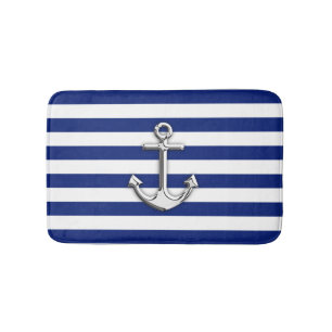 Chrome Like Anchor Nautical Navy Blue Stripes Bath Mat