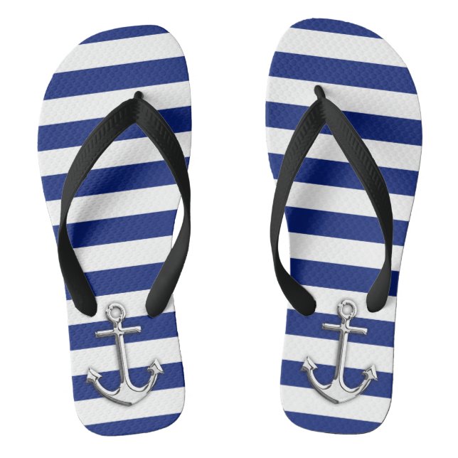 Chrome Like Anchor Nautical Navy Blue Stripes Flip Flops (Footbed)