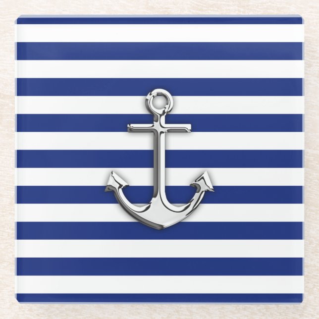 Chrome like Anchor Nautical Navy Blue Stripes Glass Coaster (Front)