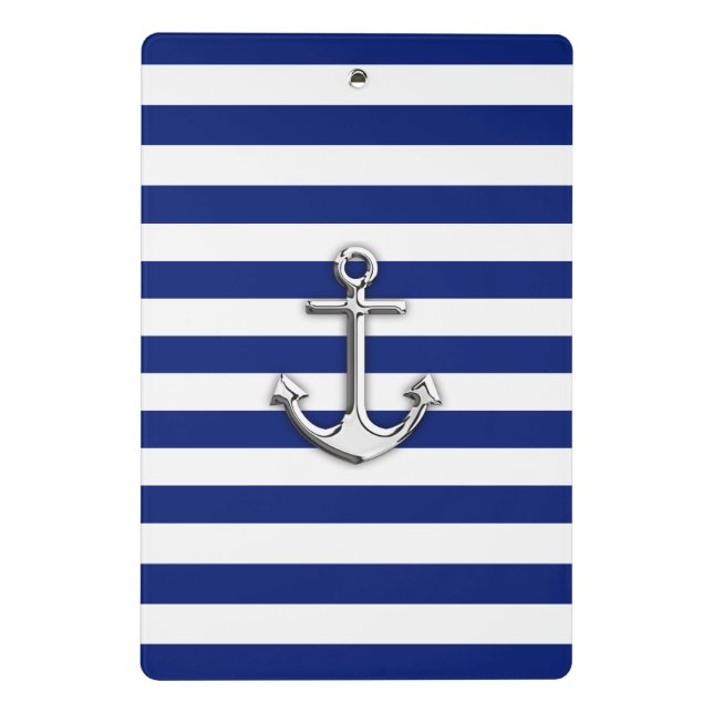 Chrome like Anchor on Nautical Navy Blue Stripes Mini Clipboard (Back)