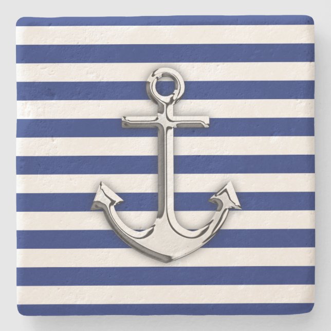 Chrome Like Anchor on Navy Stripes Decor Stone Coaster (Front)