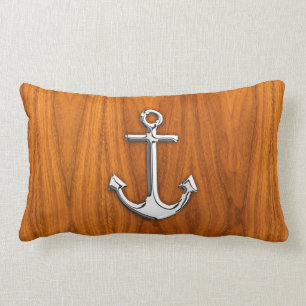 Chrome Like Anchor on Teak Veneer Lumbar Pillow