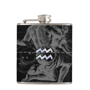 Chrome like Aquarius Sign on Hevelius Map Hip Flask