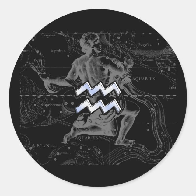Chrome like Aquarius Zodiac Sign on Hevelius Classic Round Sticker (Front)