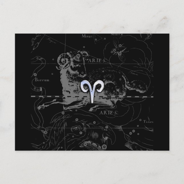 Chrome like Aries Zodiac Symbol on Hevelius 1690 Postcard (Front)