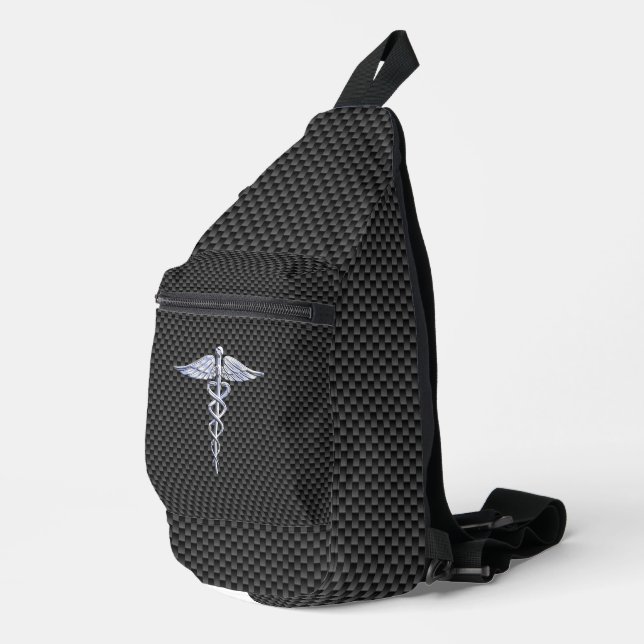 Chrome Like Caduceus Medical Symbol Carbon Fibre Sling Bag (Right Corner)