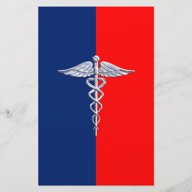 Chrome Like Caduceus Medical Symbol League Decor Stationery (Front)