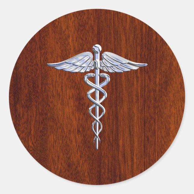 Chrome Like Caduceus Medical Symbol Mahogany Brown Classic Round Sticker (Front)