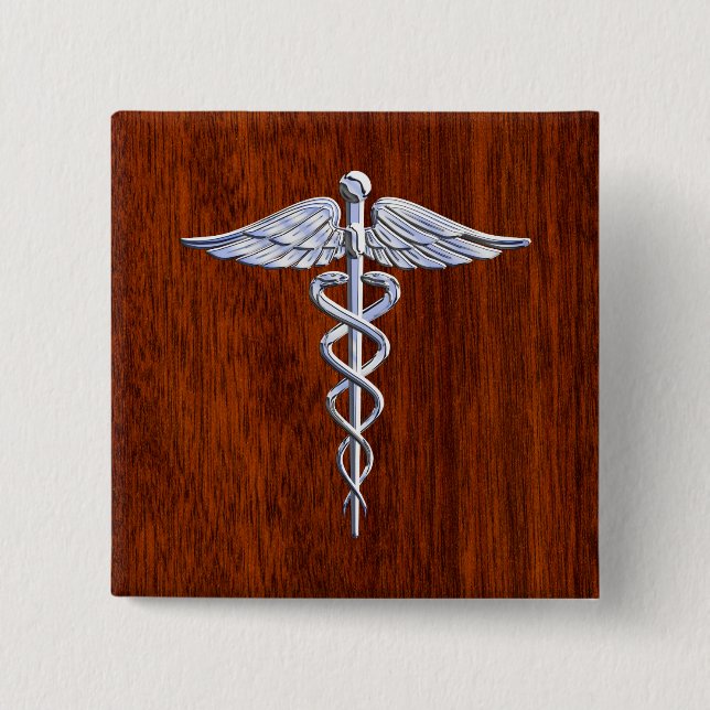 Chrome Like Caduceus Medical Symbol Mahogany Decor 2 Inch Square Button (Front)