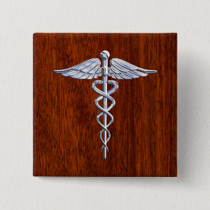Chrome Like Caduceus Medical Symbol Mahogany Decor 2 Inch Square Button