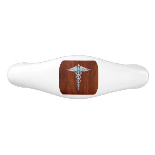 Chrome Like Caduceus Medical Symbol Mahogany Decor Ceramic Drawer Pull