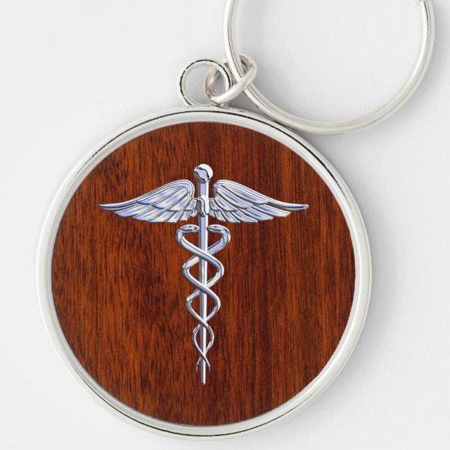 Chrome Like Caduceus Medical Symbol Mahogany Decor Keychain (Front)